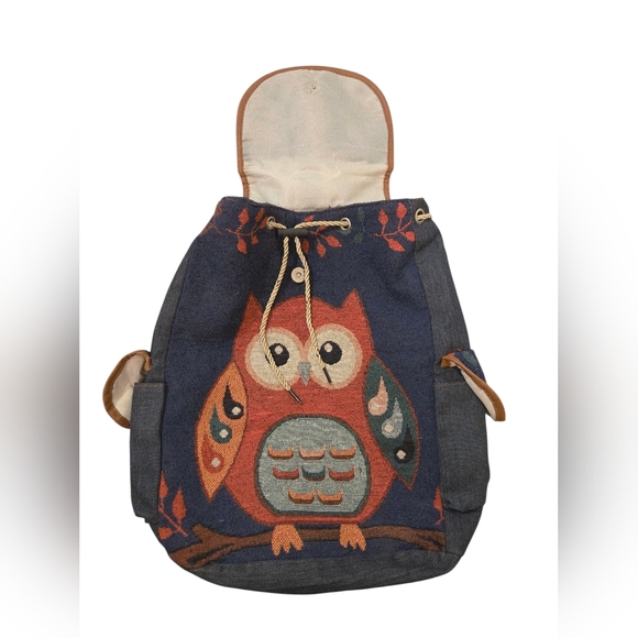 NWOT Handmade Owl Design  Backpack - Blue and Brown - Picture 3 of 10